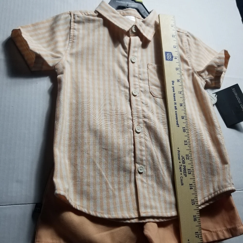 NWT GERBER MODERN MOMENTS BOY'S PEACH AND WHITE SHIRT AND SHORT SET SIZE 3T